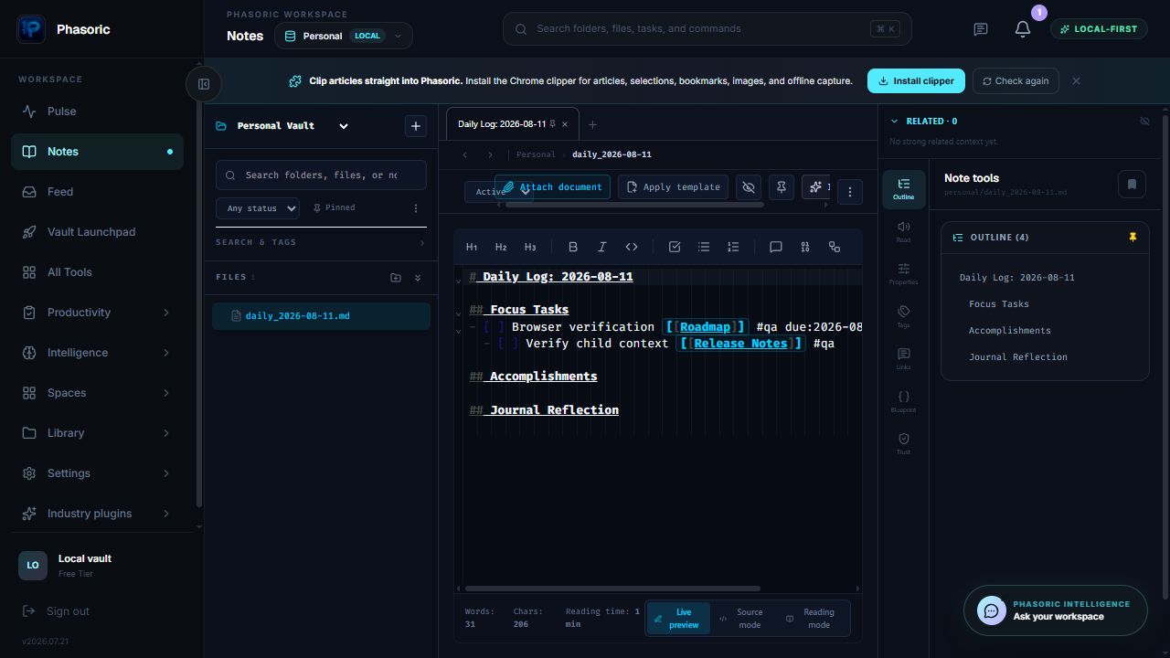 Phasoric local workspace showing MCP and REST access
